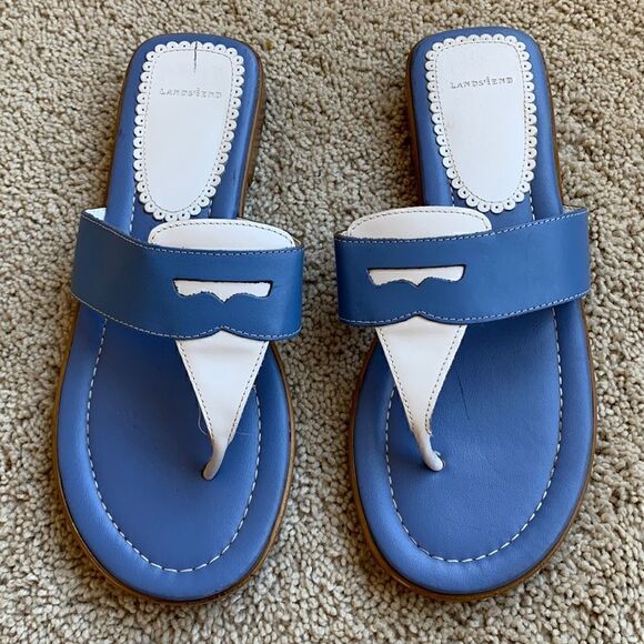 Lands’ End Blue nautical loafer slides leather sandals costal flip flop size 8.5 - Picture 1 of 7